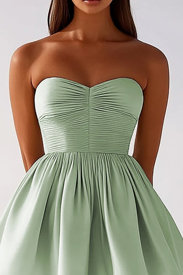Sage Green Ruched Strapless Graduation Dress